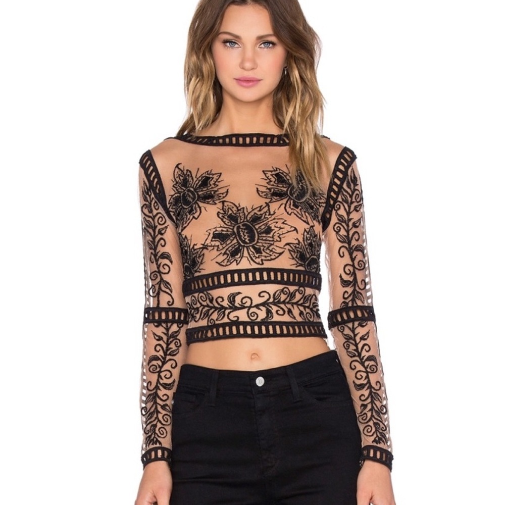 For Love And Lemons Black and Tan Embellished Crop Blouse small